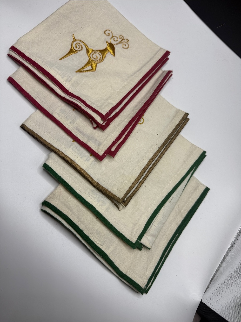 Embroidered Holiday Cocktail Napkins - Cream with Red, Gold & Green Trim